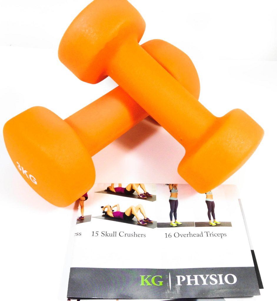 KG Physio 3KG Dumbbells Image shows the included contents in a laid out position.