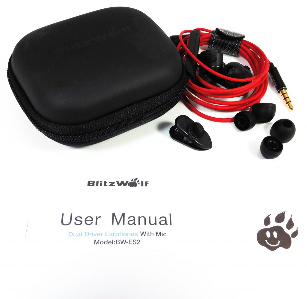 BlitzWolf BW-ES2 Earphones Image shows the included contents in a laid out position.