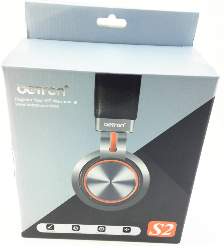 Image shows the outer packaging for the Betron S2 Headphones.