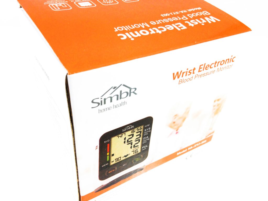 SIMBR Wrist Blood Pressure Monitor Image shows the outer box of the SIMBR Wrist Blood Pressure Monitor.