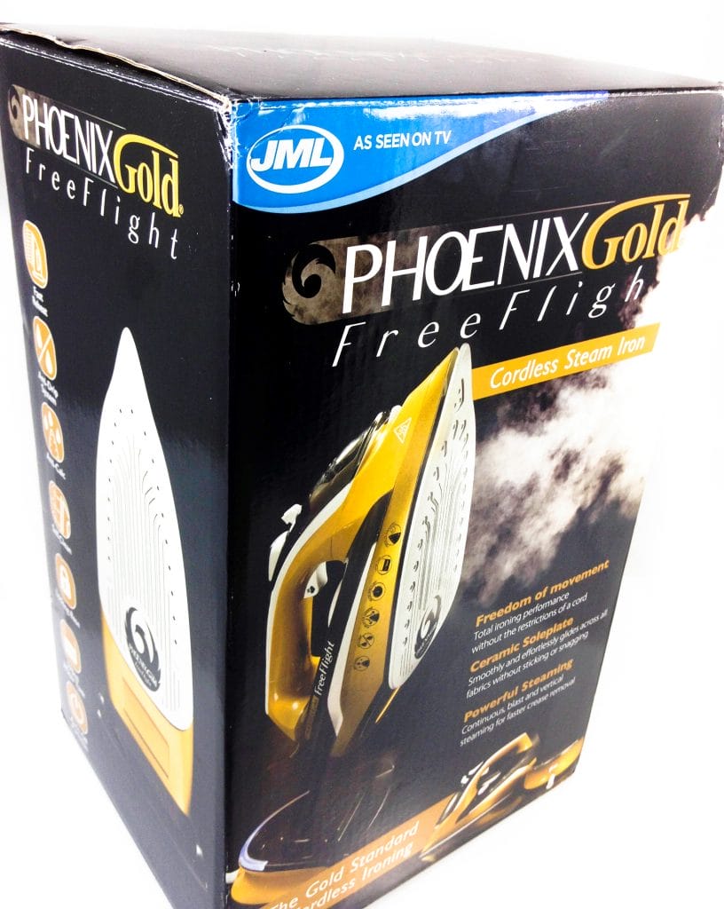 Image shows the outer box for the JML Phoenix Gold FreeFlight Cordless Iron.