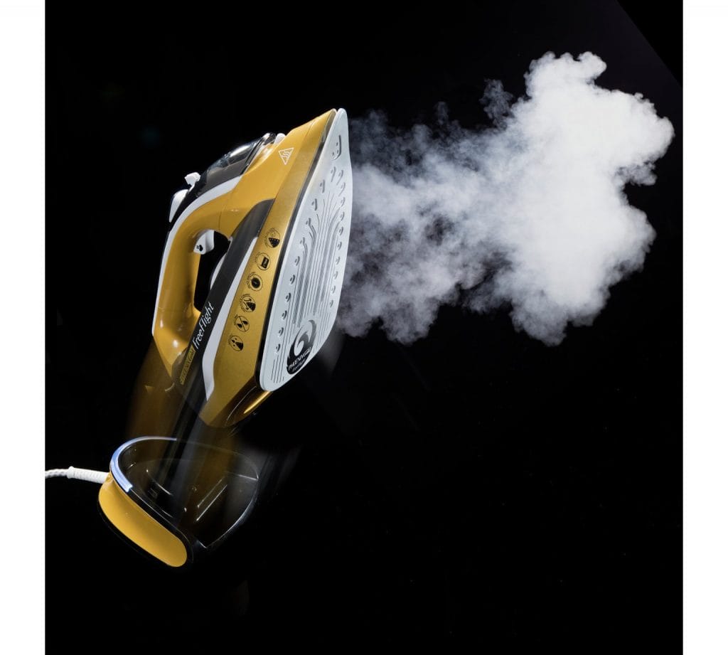 Image shows steam from the iron.