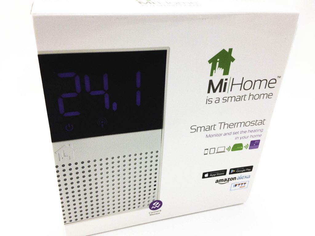 Image shows the outer packaging of the Energenie MiHome Thermostat.