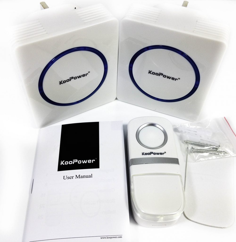 KooPower Wireless Doorbell Image shows the included contents in a laid out position.