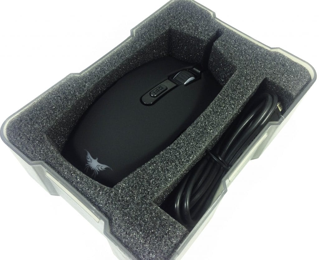 Combatwing W200 Wireless Mouse Internal packaging image with foam for safety.