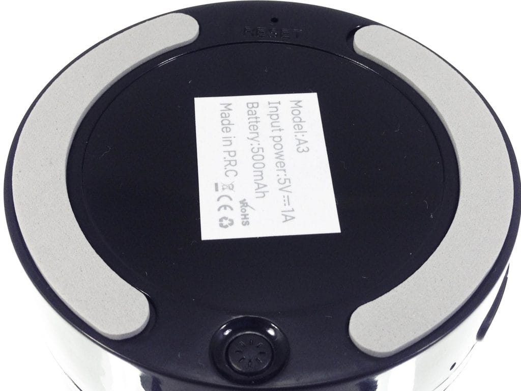 Image shows the underside of the Betron A3 Bluetooth Speaker.