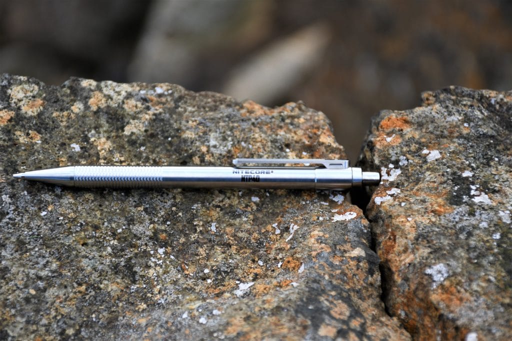 A close-up shot of the NTP40 titanium pencil