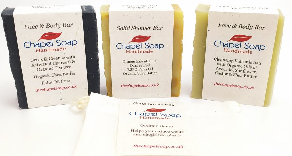 Three bars of Chapel Soap with the organic hemp soap bag