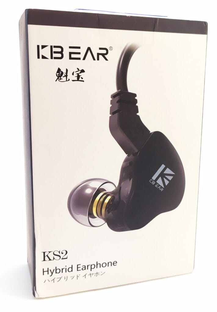 Image shows the KBEAR KS outer box. The image shows the earphone (in black) on the front cover.