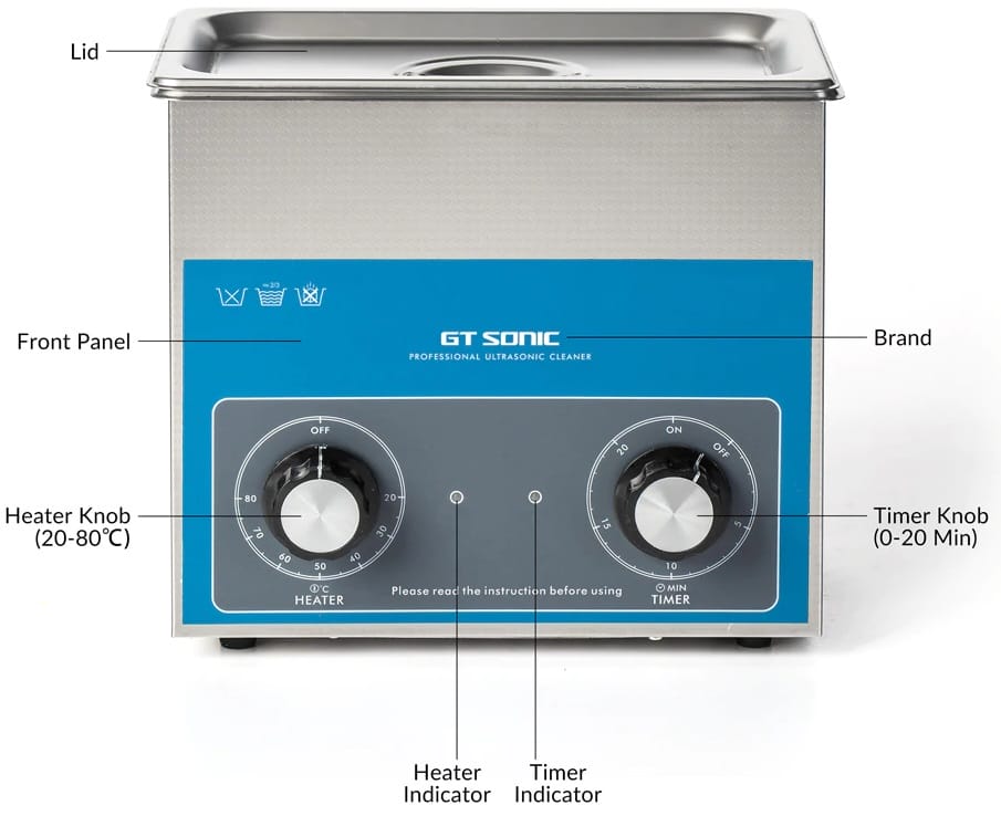 Image shows the machine and the front features of the GT SONIC Ultrasonic Cleaner.
