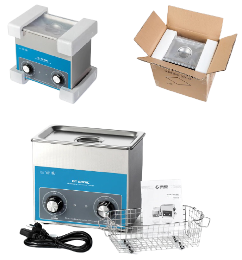 Image shows the packaging and contents of the ultrasonic cleaner.