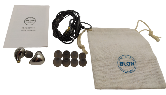Image shows the included contents of the BLON BL-03 Earphones.