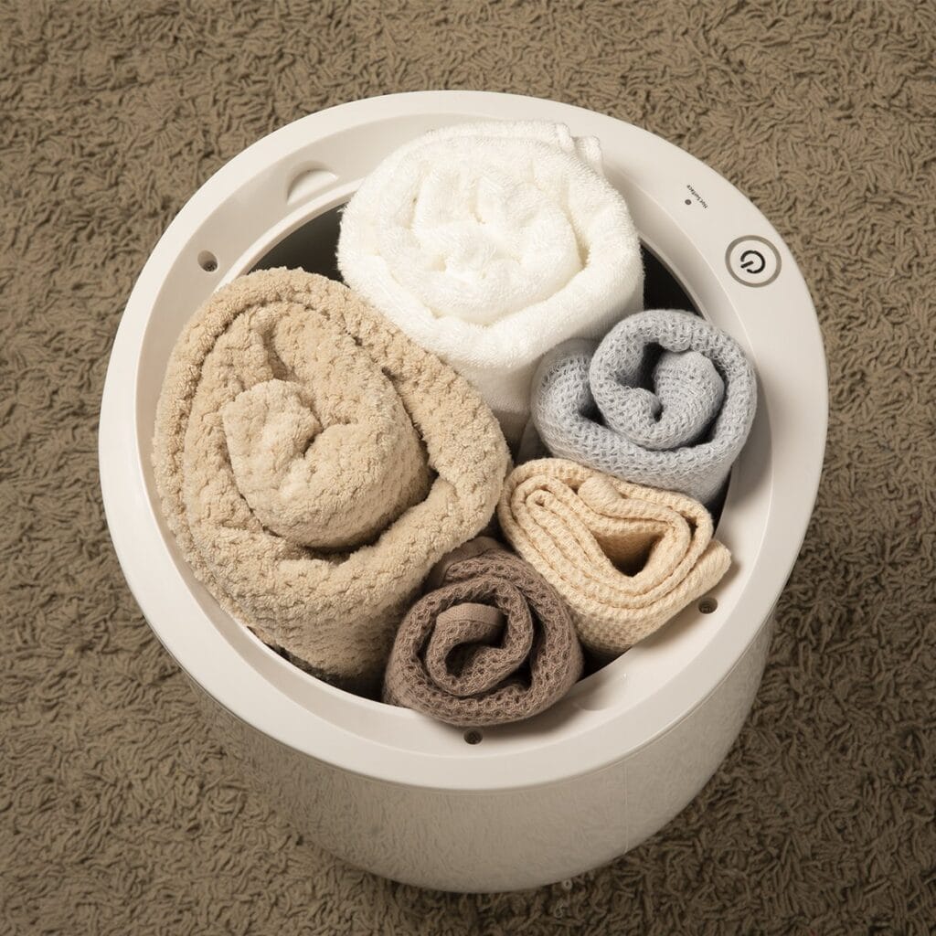 Image shows the towel warmer with 5 towels inside.
