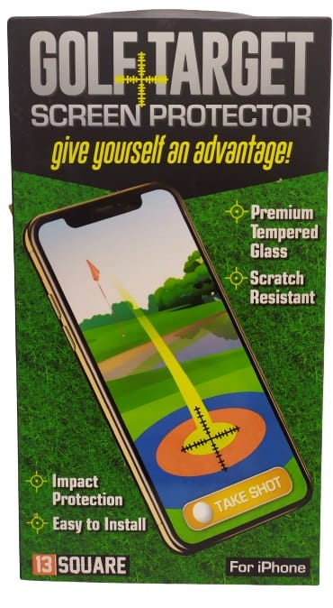 Images how the outer packaging. The image shows a golf target on an iPhone.