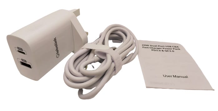 Image shows the included contents of the GlobaLink PD Charger Plug.