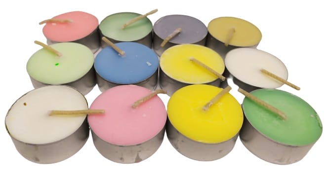 Image shows the tealight candles, outside their packaging.