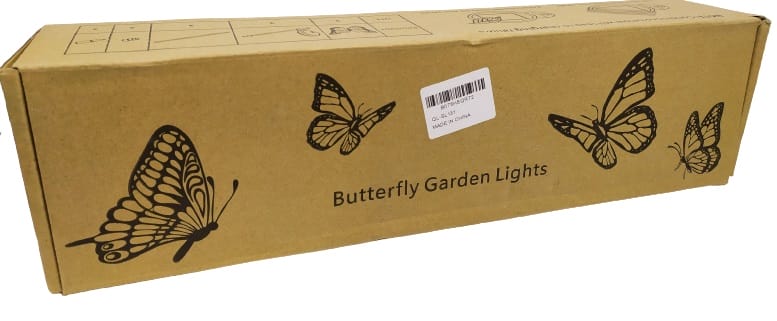 Image shows a brown exterior cardboard box of the butterfly garden lights.