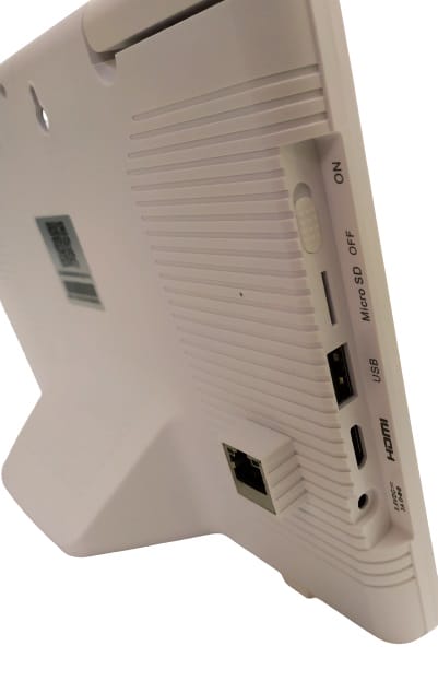 Image shows the monitor at an angle to show the various ports.