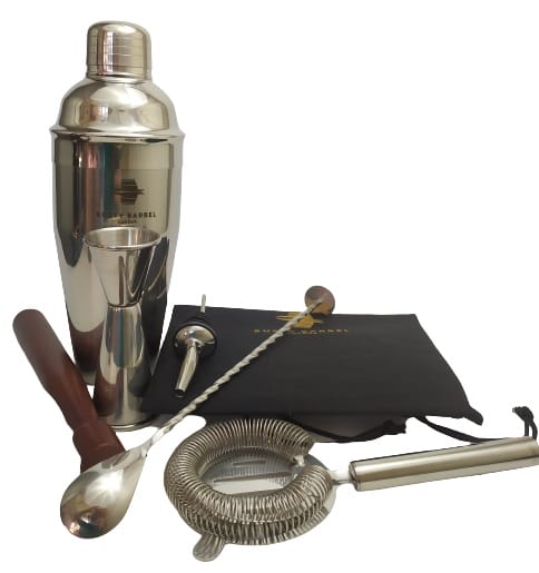 Image shows the included contents of the Mayfair Cocktail Shaker Set.