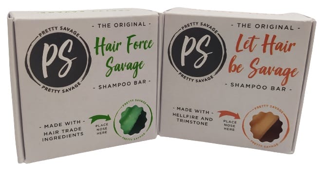 Image shows two shampoo bars boxes side by side.