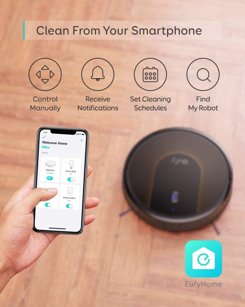 Images shows a phone with the app controlling the vacuum cleaner.