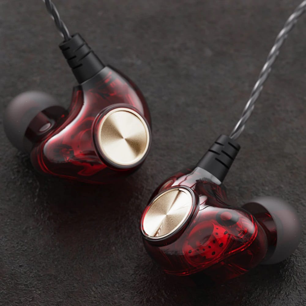 Image shows the red earphones with a dark background.