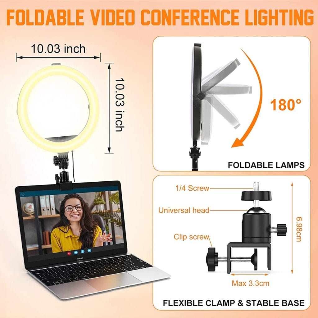 Image shows the universal clamp and foldable design of the ring light.