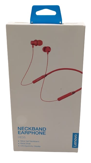Image shows the outer box. There's an image of the earphones on the front. The earphone are red in colour.