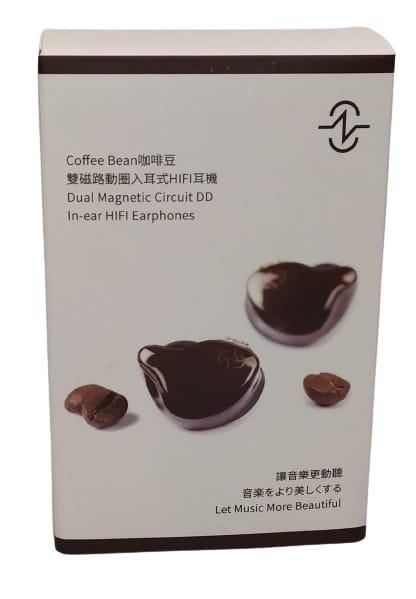 Image show the outer box, there's an image of the earphones alongside coffee beans.