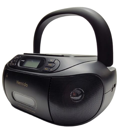 Image shows the boombox with the carry handle upward.