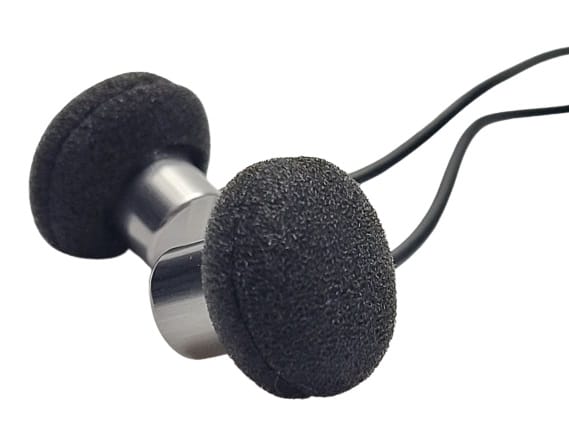 Image shows the earphones with the foam covers on.