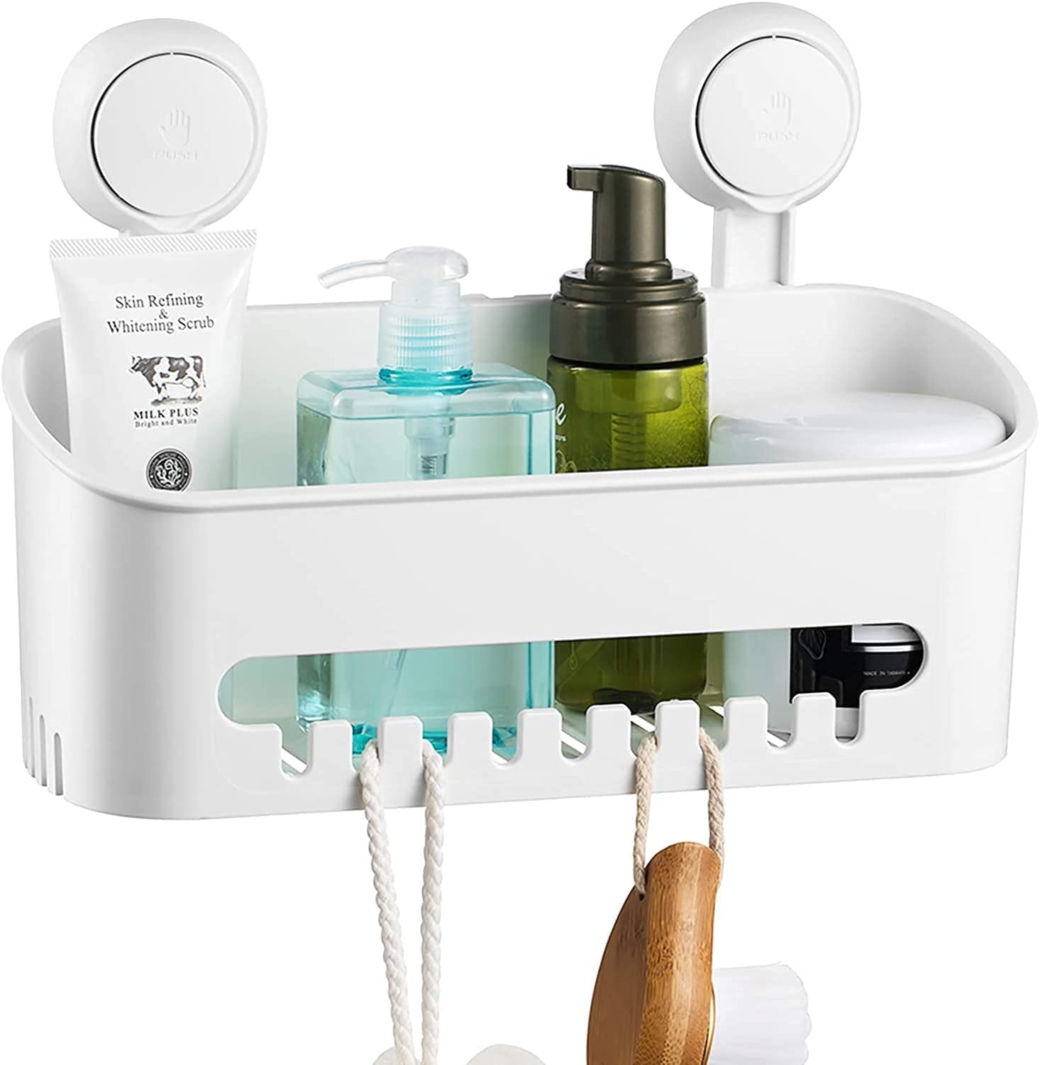 Image shows the shower caddy with bathroom products in it.