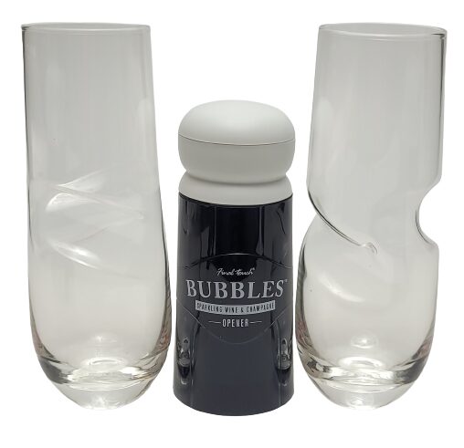 Final Touch Bubbles Stemless Champagne Sparkling Wine Glasses Set of 2 Image shows the included contents. The image shows two glasses and the cork opener in the centre.