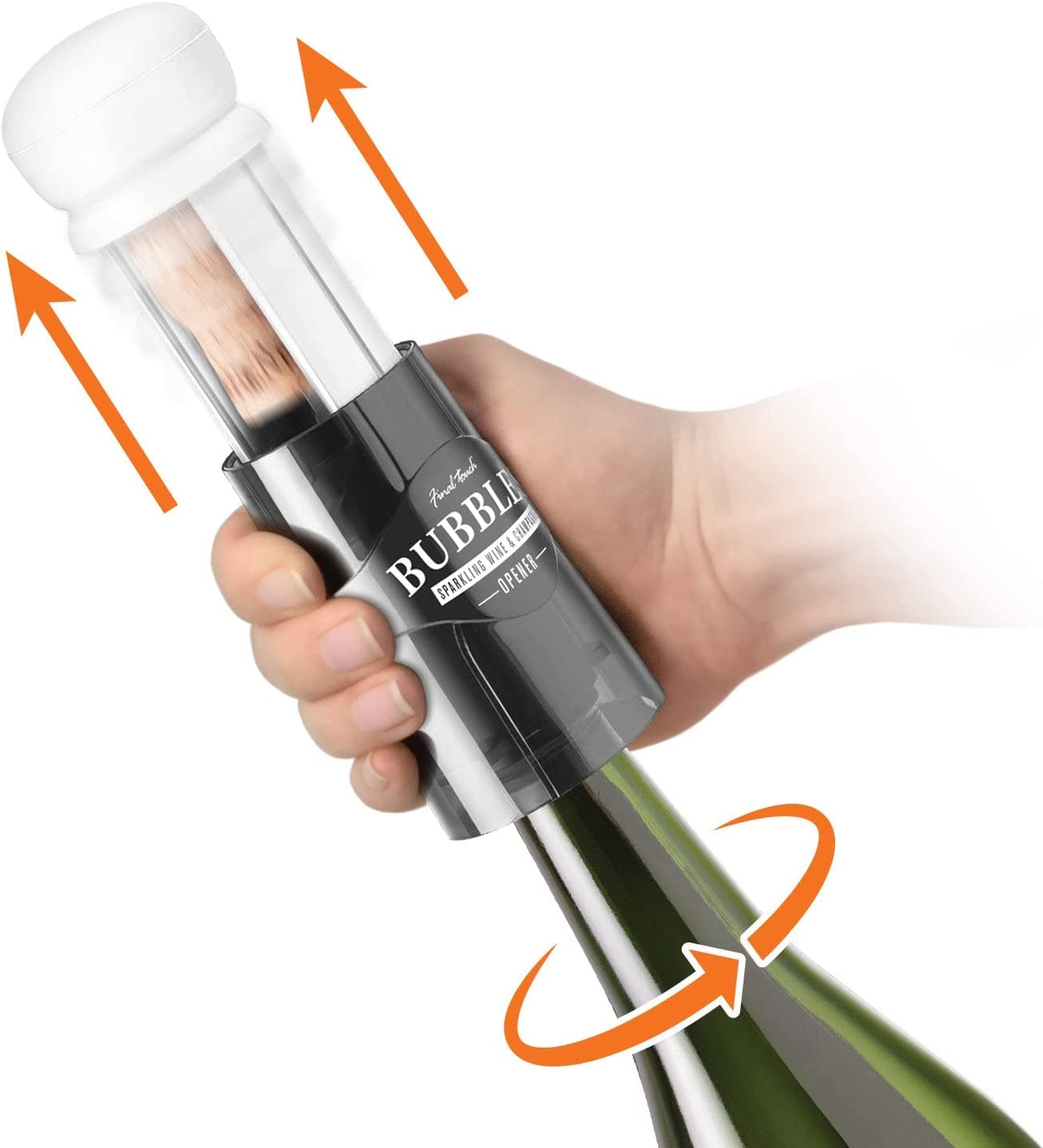 Final Touch Bubbles Stemless Champagne Sparkling Wine Glasses Set of 2 Image shows the cork opener opening a cork.