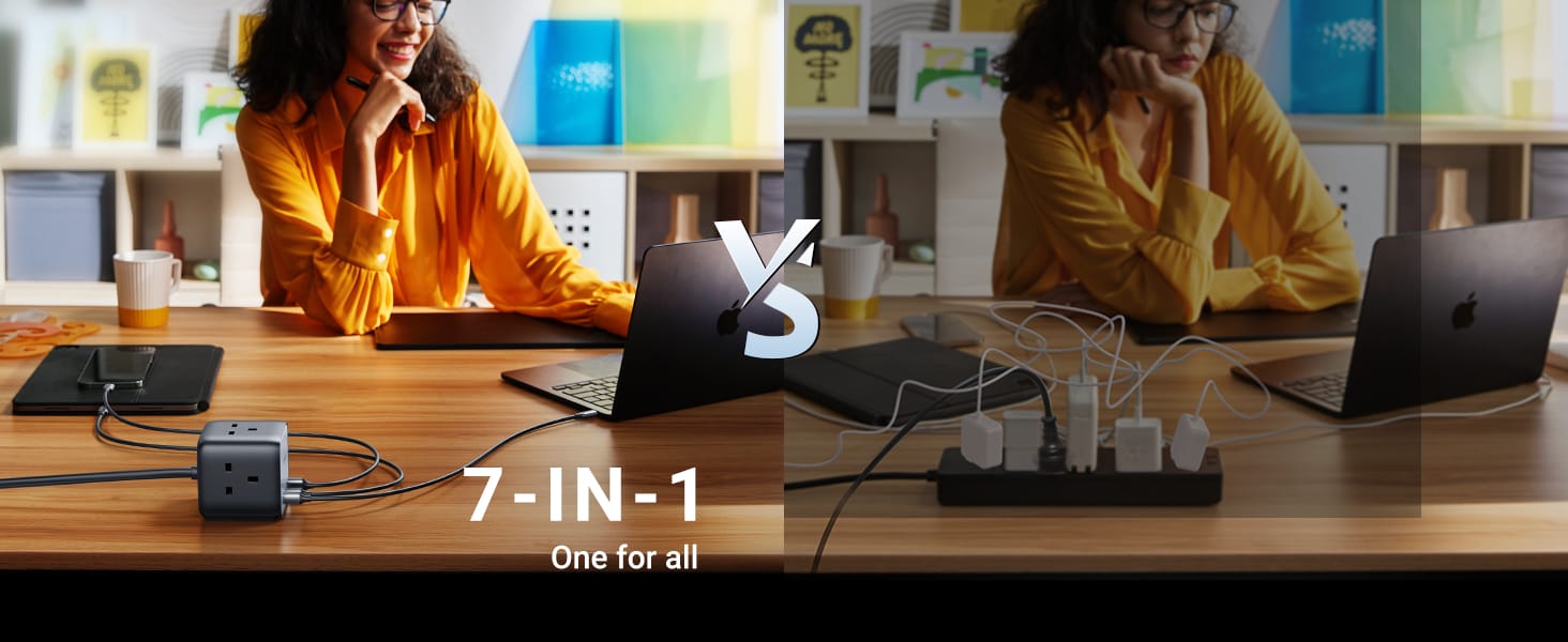 UGREEN DigiNest Cube Image shows a side by side comparison of the DigiNest over a standard extension lead.