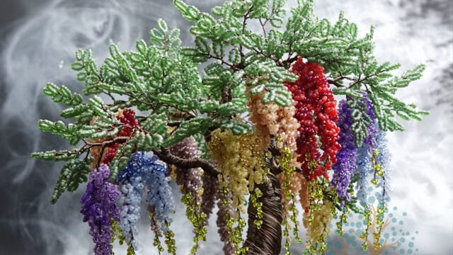Whimsical Wisteria bead and wire tree sculpture