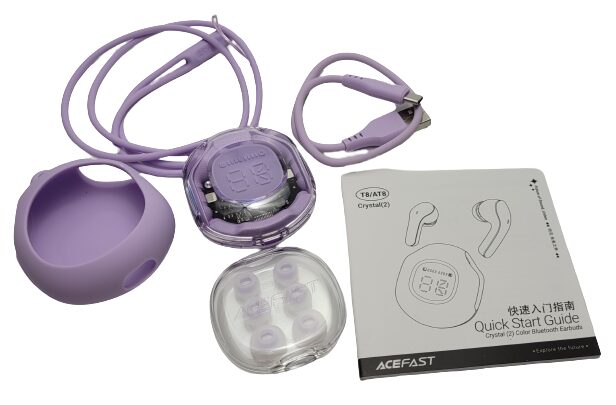 ACEFAST T8 Wireless Earbuds Image shows the included contents in a laid out position.