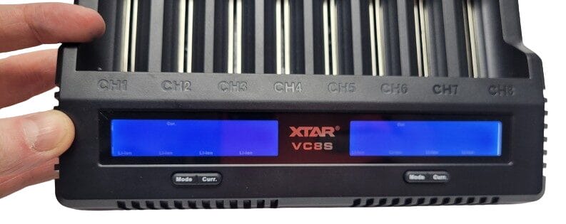 XTAR VC8S Charger Image shows the two Blue LCD screen lit up.