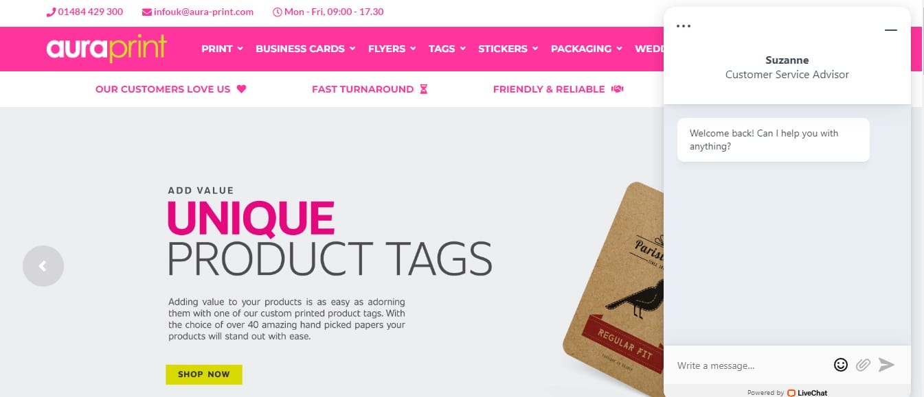 Aura Print Image shows a screenshot of the Live Chat facility on the Aura Print website.