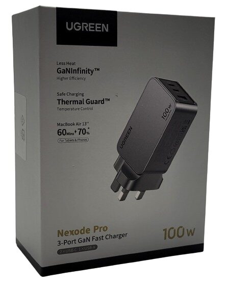 UGREEN Nexode Pro 100W USB C Charger Image shows the outer box of the UGREEN Nexode Pro 100W USB C Charger.