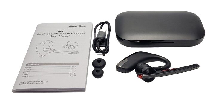New Bee M51 Headset Image shows the included contents in a laid out position.