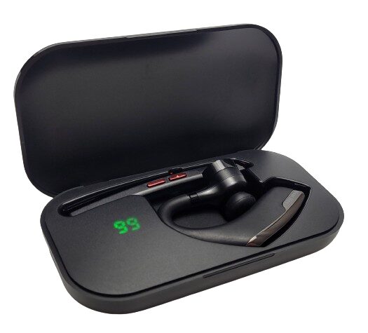 New Bee M51 Headset Image shows the headset in the case with a green 99% indicator light.