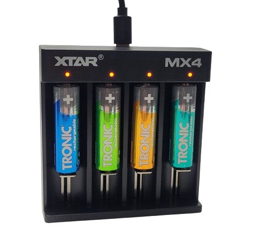 Image shows 4 batteries on charge, they're AA types.