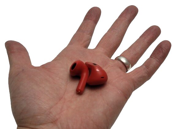 Image shows the earbuds in my left hand (Palm)