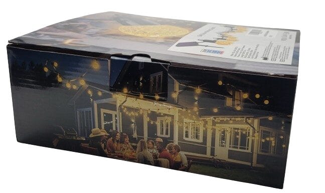 Image shows the outer box of the Aourow LED Solar Festoon Lights.