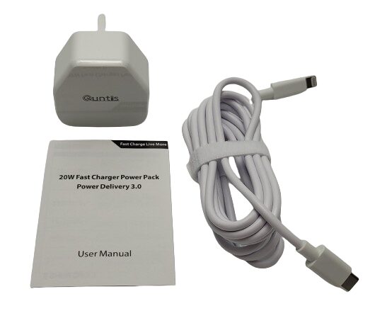 Quntis PD Fast Charger Image shows the supplied contents in a laid out position.