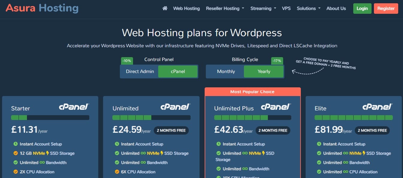 Image shows a screenshot of the pricing structure for Asura Hosting.