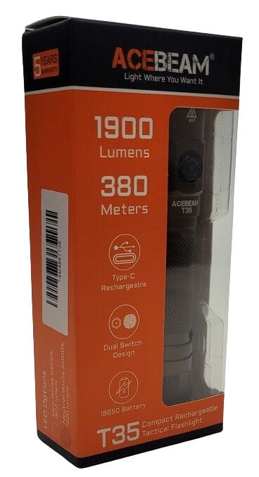 Image shows the outer box of the Acebeam T35 Flashlight.