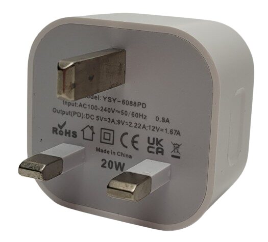 Image shows the rated certification of the Roadiff 20W Fast Charger.