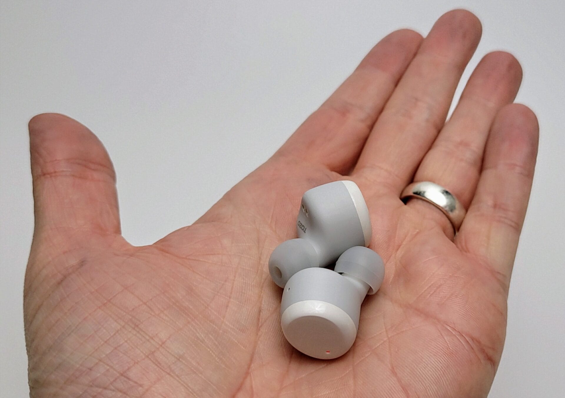 TOZO T6 Wireless Earbuds Image shows the earbuds in my left palm.